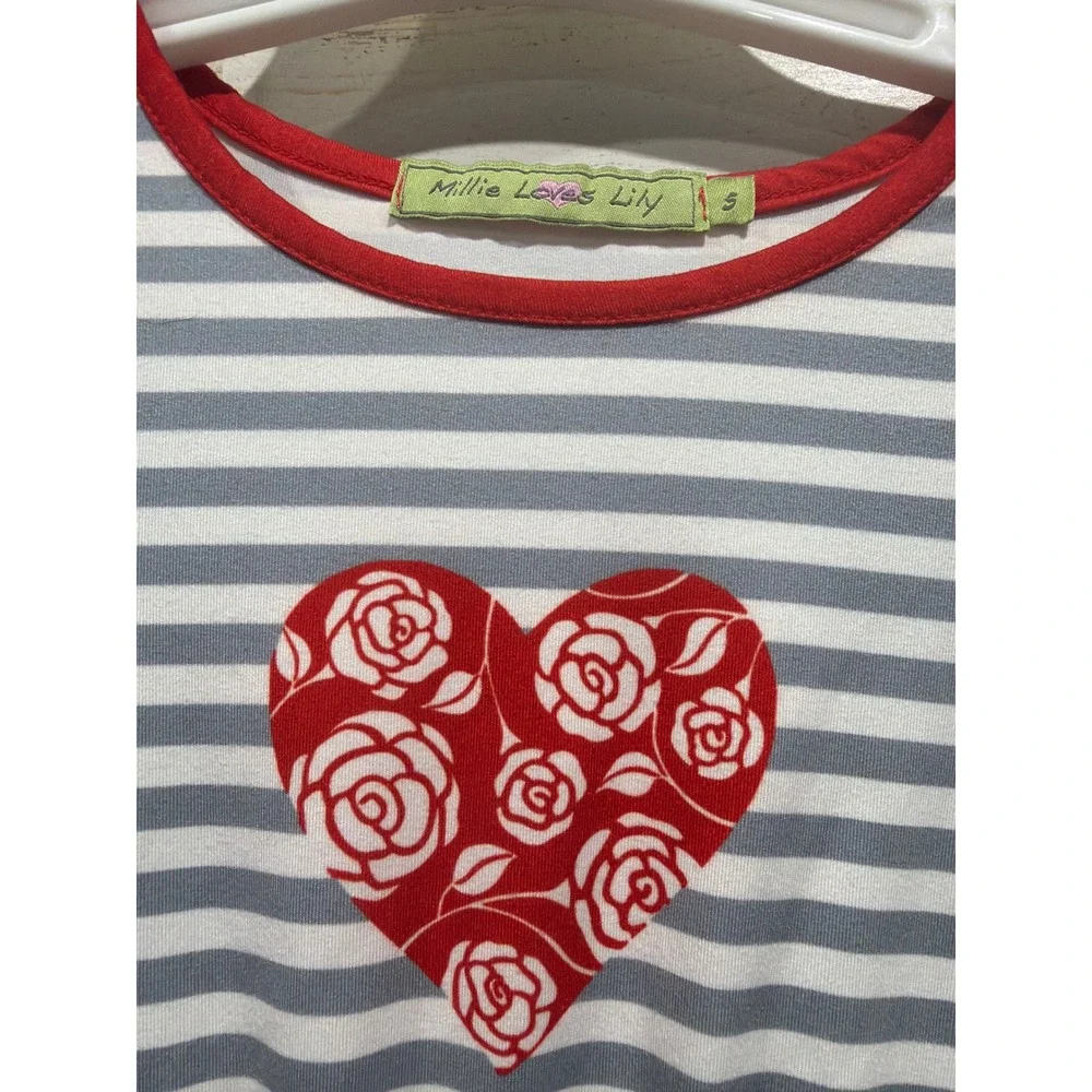 Millie Loves Lily Dress Girls 5 Red Gray Heart Stripe EUC